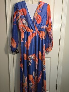 Source Unknown Blue Maxi Dress with Orange Floral Print
